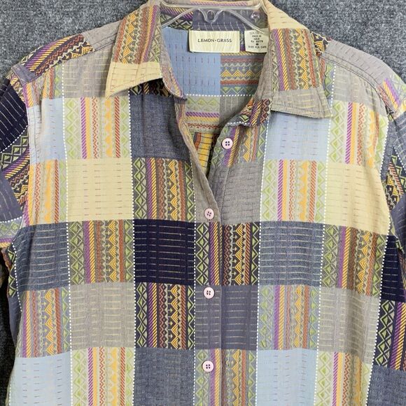 Lemon Grass Button Front Shirt Women S Patchwork Pattern Long Sleeve Cotton - Picture 2 of 12
